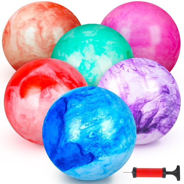 FUTUREPLUSX 6PCS Inflatable Playground Balls, 8.7 Inches Sensory Balls with Pump Marbleized Bouncy Balls Kickball Dodge Ball, for Kids Indoor and Outdoor Play Games Sports Party Favors