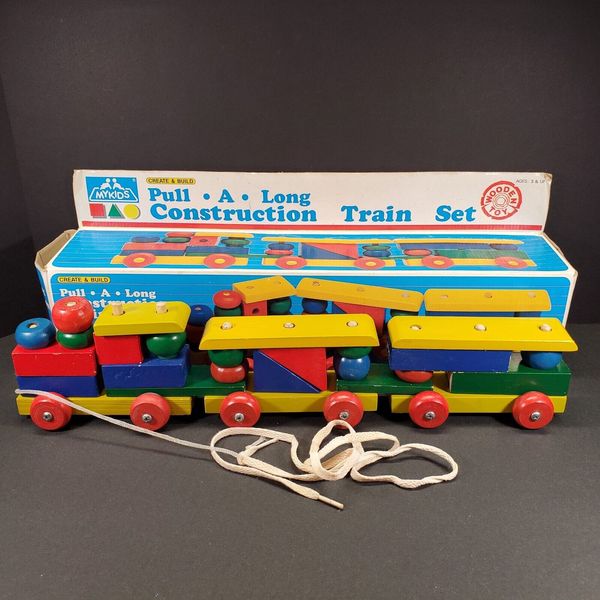 My Kids Pull-A-Long 1987 Wood Construction Toy Train Set with Original Box VTG