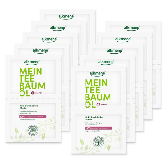 alkmene Mein Teebaumöl Anti Unreinheiten Maske 20x 7 ml 100% bestätigen Pickel Reduktion - naturreines Teebaumöl, vegan & klimaneutral - Gesichtsmaske für unreine Haut Gesichtsmasken gegen Pickel