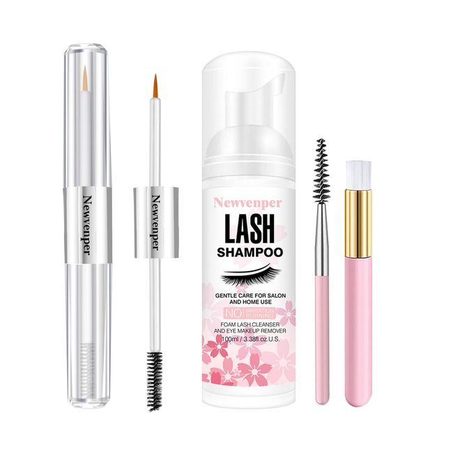 Newvenper Lash Serum& Lash Shampoo Set,Safe and Effective Formula Eyebrow Serum for Eyelash Longer, Eyelash Shampoo with Brush & Mascara Wand for Eyelash Cleanser Remover 2pcs(60ML+100ML)