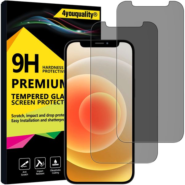 4youquality Privacy Screen Protector for iPhone 12 and iPhone 12 Pro, 6.1-Inch, Anti Spy Tempered Glass Film, 2-Pack, [LifetimeSupport][Anti-Spy][Impact-Resistant][Anti-Scratch]