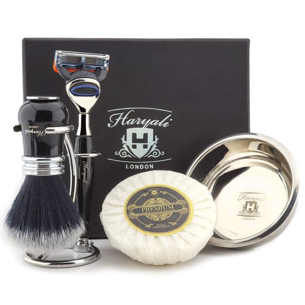 Haryali London 5Pc Black Mens Shaving Kit 5 Edge Compatible Razor with Black Synthetic Hair Shaving Brush, Stand, Bowl and Soap Perfect Set for Men