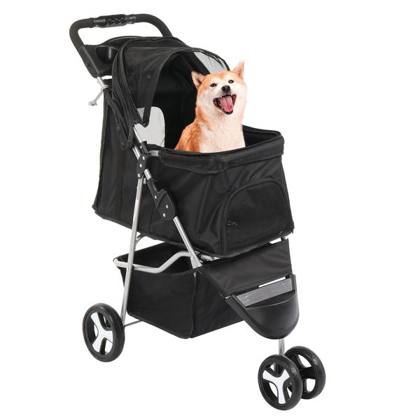 3-Wheels Foldable Pet Stroller Strolling Cart w/ Cover, Cup Holder, Visible Mesh