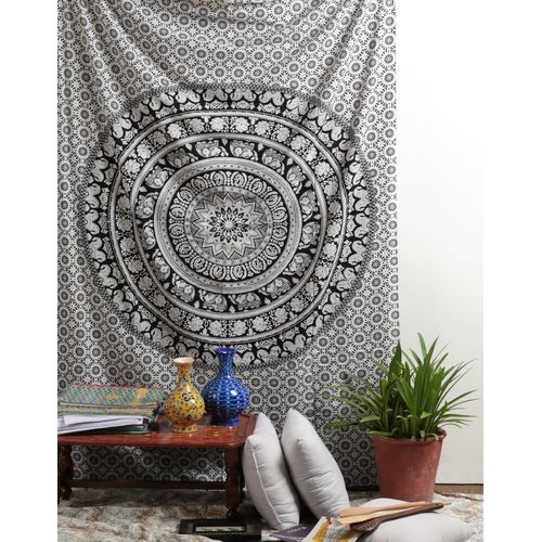 RAJRANG Indian Mandala Tapestry Wall Hanging Black and White Elephant Hippy Tapestries Twin Hippie Beach Throw College Dorm Decor Bohemian Boho Bedsheet - 84x54 Inches