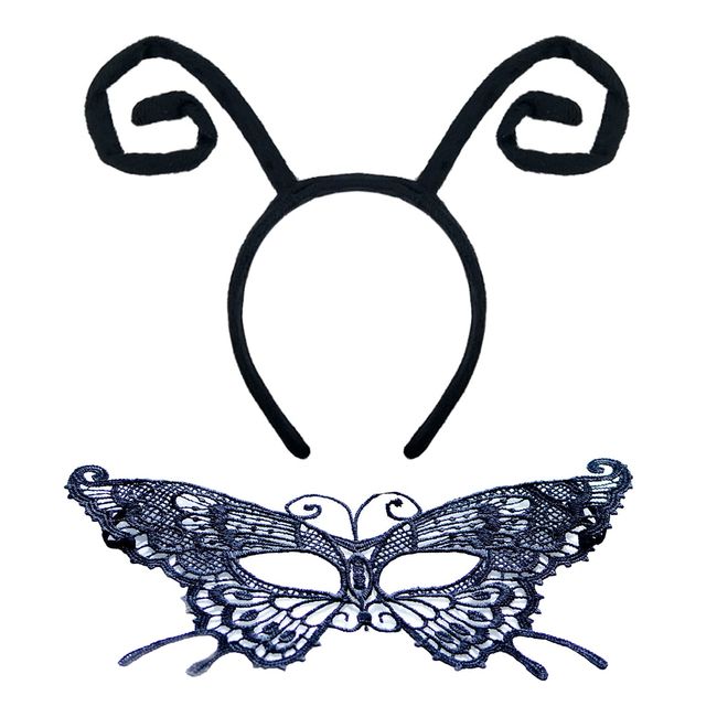 2 Pcs Halloween Butterfly Antenna Headband Lace Mask Black Hair Hoops Masquerade Masks Headpiece Hairband Hair Bands Women Christmas Party Decoration Cosplay Costume Cute Dress Up Hair Accessories