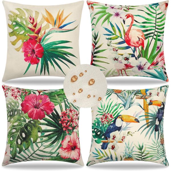 Weldomcor Waterproof Cushion Cover Set of 4, 45x45 cm Tropical Plant Pattern Outdoor Throw Cushion Cover Bohemian Decorative Pillow Cases for Garden Patio Porch Bench Sofa Indoor Living Room Chair