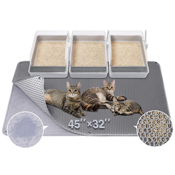 BurgeonNest 45"x32" Cat Litter Mat, Extra Large Litter Box Mat, Honeycomb Double Layer Kitty Litter Trapping Mat, Urine Proof & Waterproof, Easy Clean, Machine Washable, Non-Slip, Scatter Control