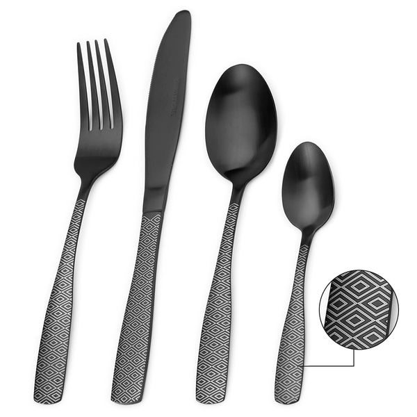 Matte Black Cutlery Set, Bettlife 16-Piece Tableware Set Stainless Steel Flatware Silverware Set with Knife and Fork Set, Service for 4, Unique Pattern Design, Dishwasher Safe (Black Diamond, 16P)