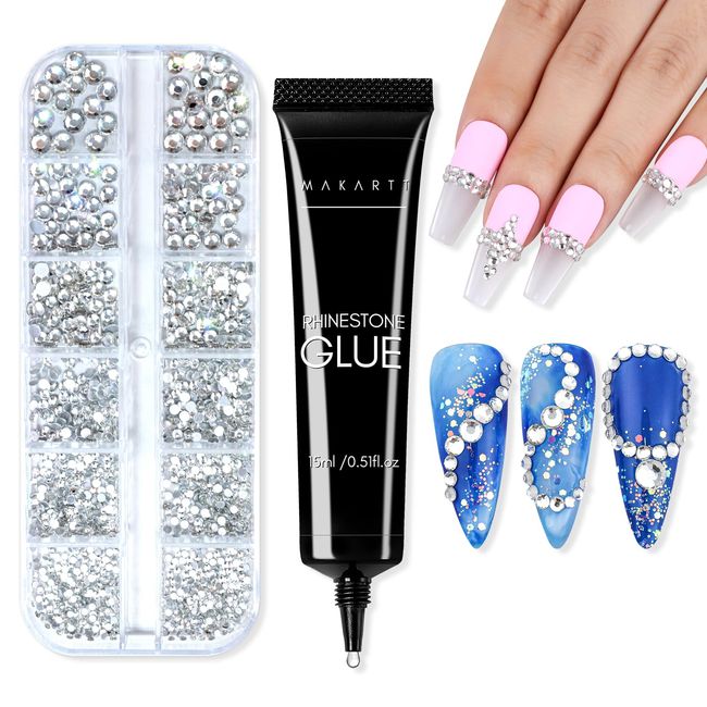 Makartt Nail Rhinestone Glue Gel Kit, 15g Super Adhesive Nail Gel with Nail Crystal Rhinestone, Nail Glue Gel Kit for Rhinestones Crystal Stones Jewels