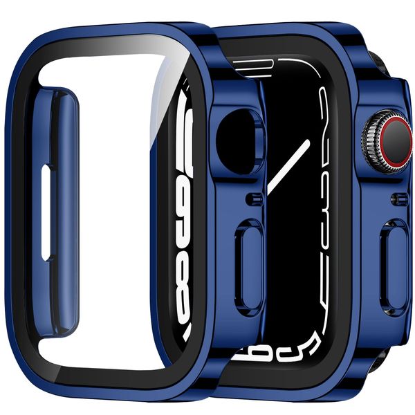 ZZDZZ 2 Pack Hard PC Case Compatible with Apple Watch Case 45mm Series 9/8/7 with Tempered Glass Screen Protector, Ultra-Thin Straight Edge Protective Cover for iWatch 45mm (Blue/Blue)