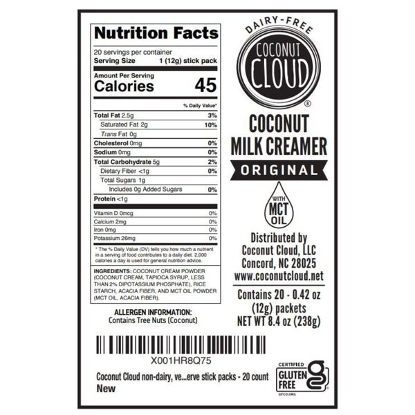 Coconut Cloud: Dairy-Free Coffee Creamer | Minimally Processed, Shelf Stable. Made from Coconut Powdered Milk. | Vegan, Gluten Free, Non-GMO. (Home, Office, Travel), Creamers (Original - 20 Sticks)