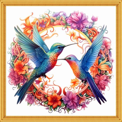 Foxhool Stamped Cross Stitch Kits,11CT Printed Cross Stitch Pattern Full Embroidery Kits for Beginner Needlepoint Kits-Hummingbird Wreath 18x18 inch