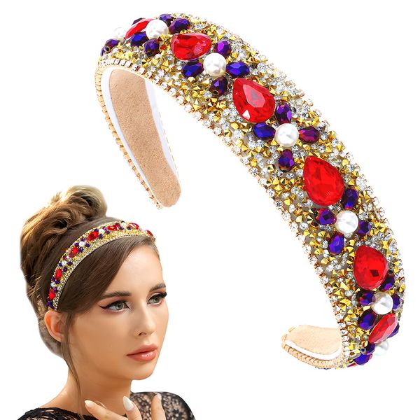 deladola Red Rhinestone Padded Headband Glitter Crystal Hairband Baroque Headbands Festival Party Headwear for Women (A)