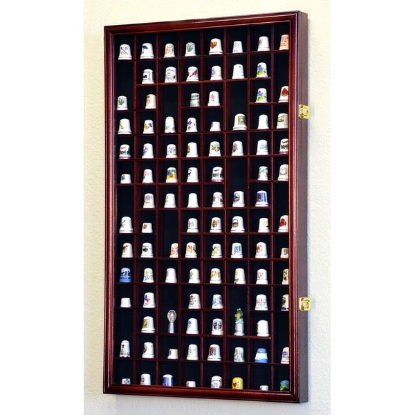 100 Opening Thimble/Small Miniature Display Case Cabinet Holder Wall Rack 98% UV Lockable, Cherry