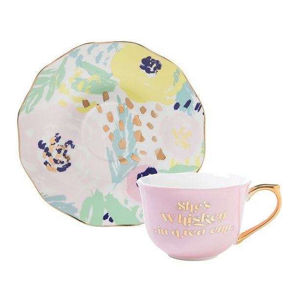 She's Whiskey in a Tea Cup and Saucer Set in Pink and Floral