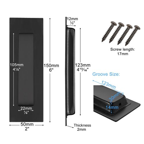 Malimali 2 Pack Stainless Steel Recessed Sliding Door Handles, 150mm Flush Door Handles Hardware Finger Pulls for Pocket Door Closet Door Barn Door (Matte Black)