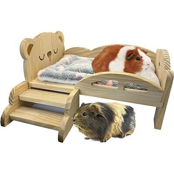 Wooden Guinea Pig Bed with Stairs and Mat, Washable Soft Small Animal Bear