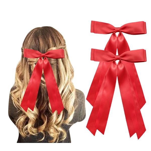 Silky Satin Ribbon Bow Hair Clips for Women Bowknot Hair Ponytail Holder Accessories for Women Girls Toddlers Teens Kids Party Wedding Prom Daily Outfits (Red*2)