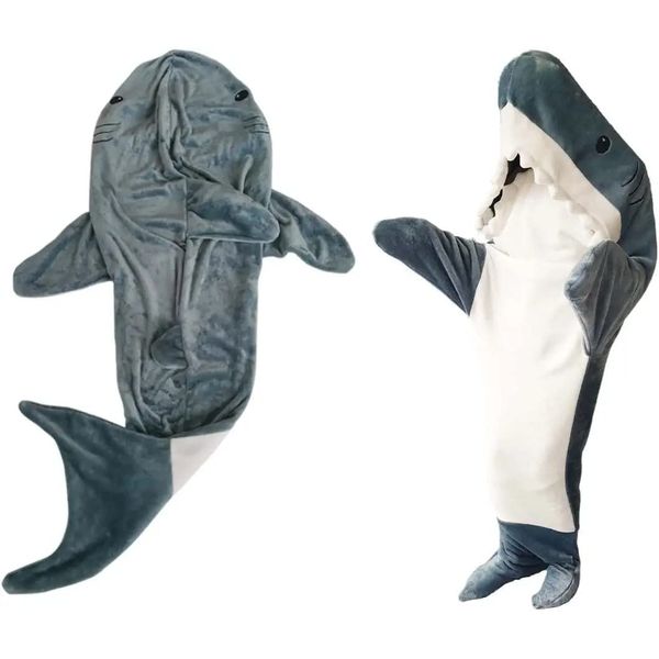 IDAHSOR Shark Sleeping Bag Super Soft Cozy Flannel Hoodie Shark Tail Wearable Shark Blanket for Boys Girls Cosplay Shark Costume Shark Gifts for Shark Lovers