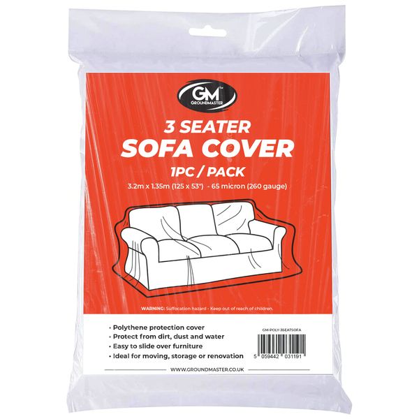 GroundMaster Polythene Plastic Sofa Chair Cover | Protective Dust Sheet for Storage DIY Removal Painting Decorating (3 Seater Couch Cover)