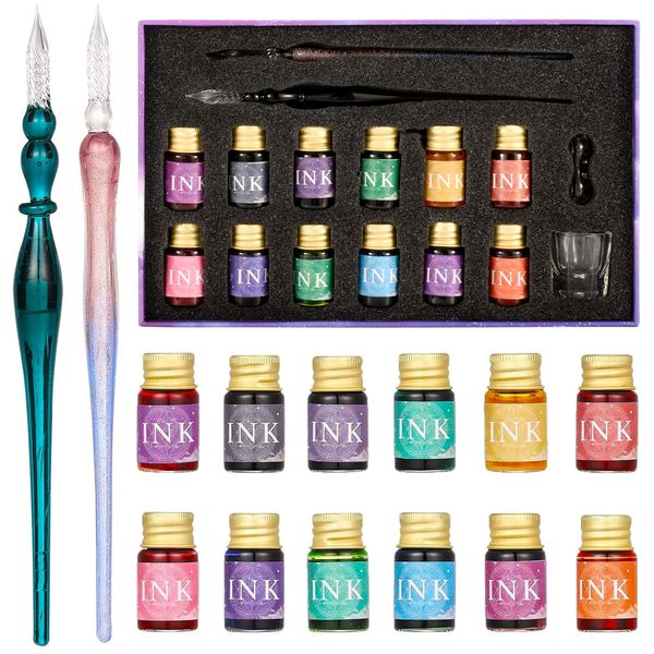 Glass Dip Pen Set 16pcs Crystal Ink Pen Set with 2 Glass Pens, 12 x 7ml Colorful Inks, Pen Holder and Cleansing Cup, Glass Dip Pen and Ink Set for Art, Writing, Drawing, Signatures, Calligraphy, Gift