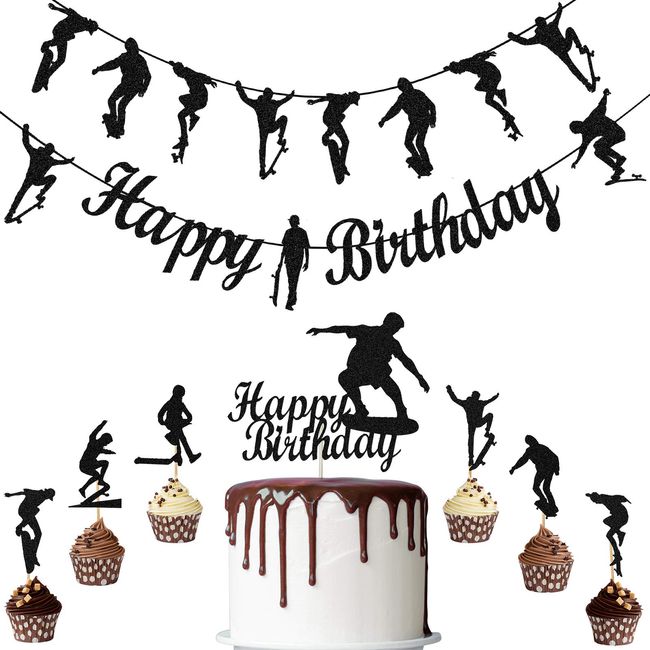 9 Pieces Skateboard Theme Happy Birthday Party Decorations Skateboard Happy Birthday Banner Black Silhouette Cupcake Toppers Skateboard Theme Party Supplies for Boys Girls Adults