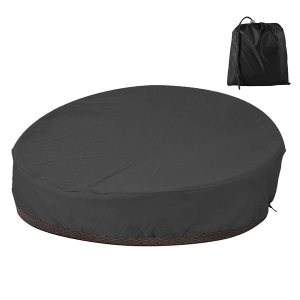 Patio Rattan Daybed Cover Round Waterproof Furniture Cover 210D Oxford Fabric Garden Daybed Sofa Protective Cover for Outdoor Garden Sofa Bed Diameter 228cm, Height 83cm Black