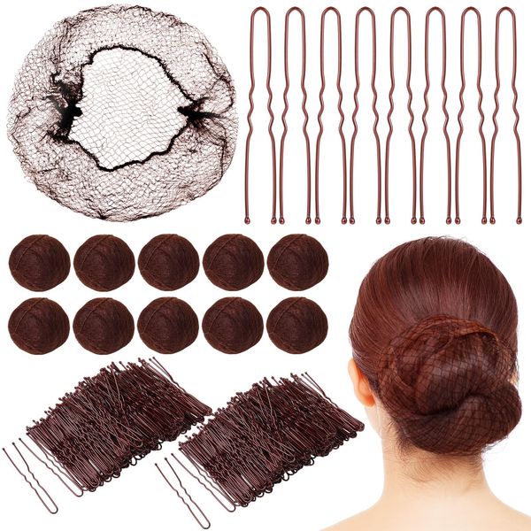 Daifunli 200 Pcs 24 Inch Hair Net Bulk for Women Hair Nets for Food Service Workers Brown Wig Nets and 300 Pcs U Shaped Hair Pins Hair Accessories Set for Ballet Dance Restaurant Food Service