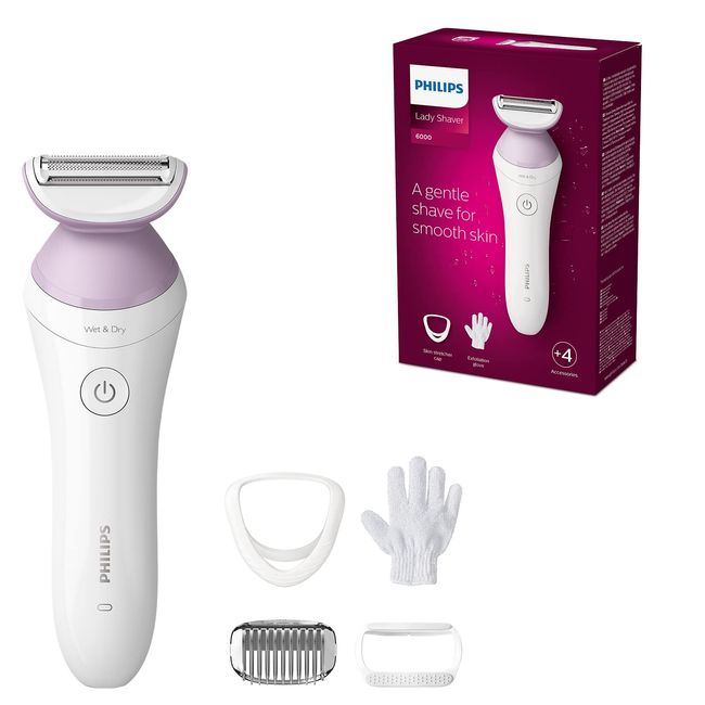 Philips Lady Shaver Series 6000 Cordless Wet and Dry Shaver with 4 Accessories, Body Exfoliating Glove, Comb Attachment (Model BRL136/00)