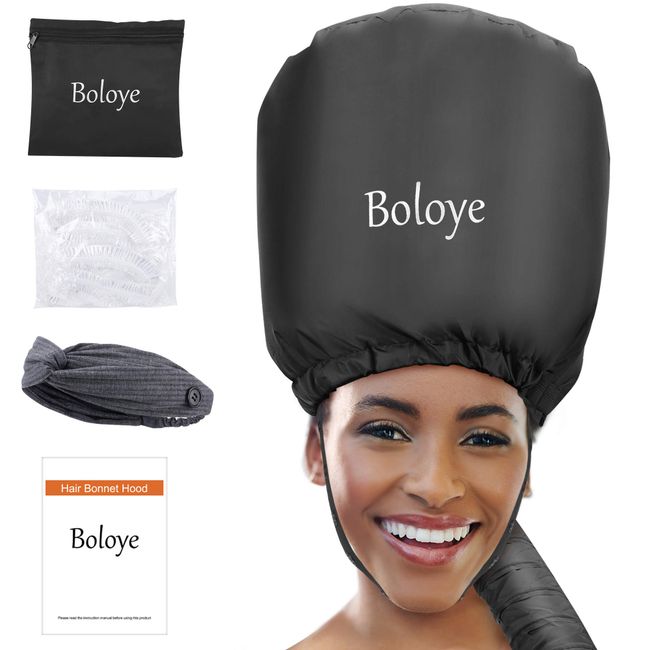 Bonnet Hair Dryer - Boloye Soft Bonnet Hood Hair Dryer Attachment with Heat Protector Headband to Reduces Heat Around Ears - Used for Curl, Hair Styling, Deep Conditioning and Hair Drying (Black)