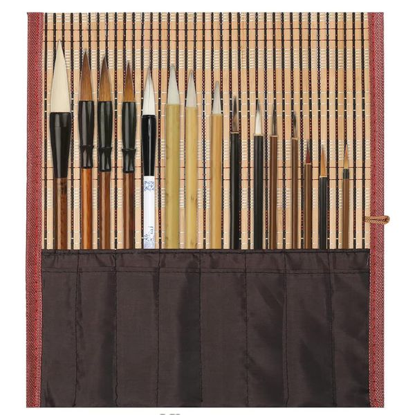 Huakaile 15 Piece Chinese Calligraphy Brush Set with Roll-Up Bamboo Holder, Professional Sumi Brushes Different Sizes Writing Brush for Watercolor Ink Painting Drawing Art Supplies (Burlywood)