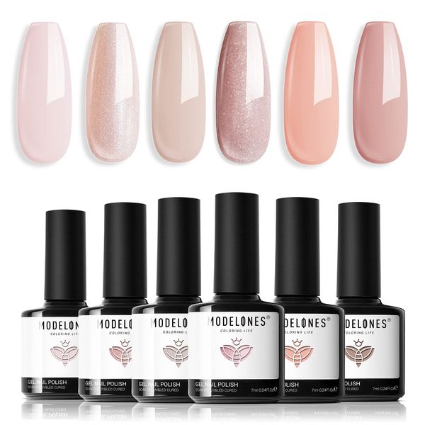 modelones Gel Nail Polish Set, Nude 6 Colors Neutral Gel Polish Skin Tone Cashmere Pink Glitter Nail Polish Bubble Bath Collection Starter Kit Soak Off All Season Manicure DIY Salon Gifts