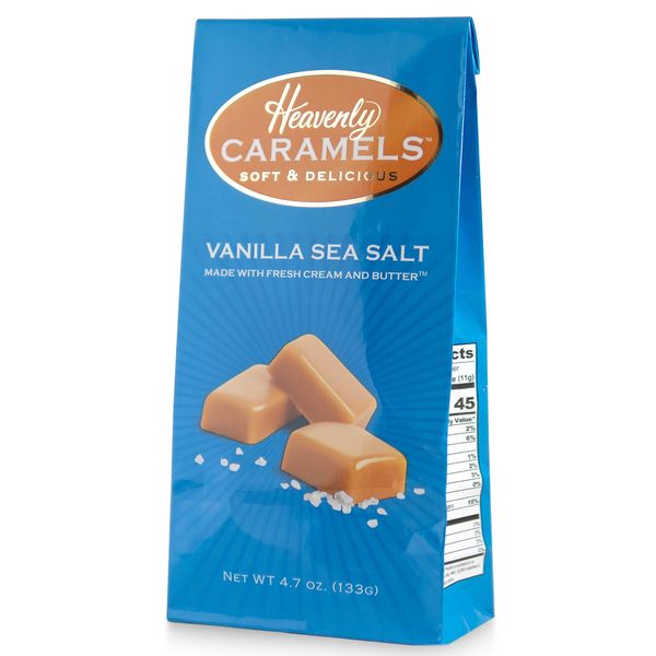 J Morgan Confections Heavenly Caramel | Vanilla Sea Salt Flavor | 4.7 oz Bag, 4-Pack | Gourmet Soft and Chewy Butter Caramel Candies | Hand-Crafted Golden Treats