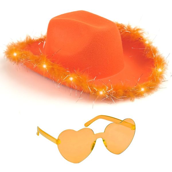 Funcredible Orange Cowboy Hat and Glasses - Light Up Cowgirl Hat for Girls - Cowboy Hat with Feathers - Halloween Hats for Women