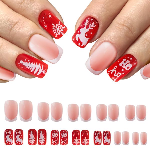 Christmas False Nails, Square French Press on Nail, Red Elk Snowflke Stick on Nails with Double-side Glue, Removable Acrylic Full Cover Fake Nails for Women Girls Nail Art Accessories Y9XHMLJP