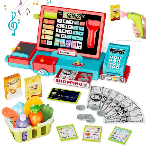 VOPOGLNE Cash Register Playset Toy for Kids, Real Calculator Register, Pretend Play Store with Music, Scanner, Play Money, Food, Microphone, Preschool Learning Toy Playset Gift (Blue Red)