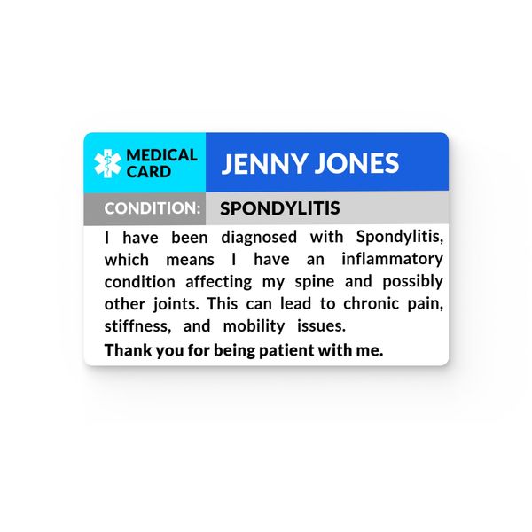 Spondylitis Awareness Medical ID Alert Card