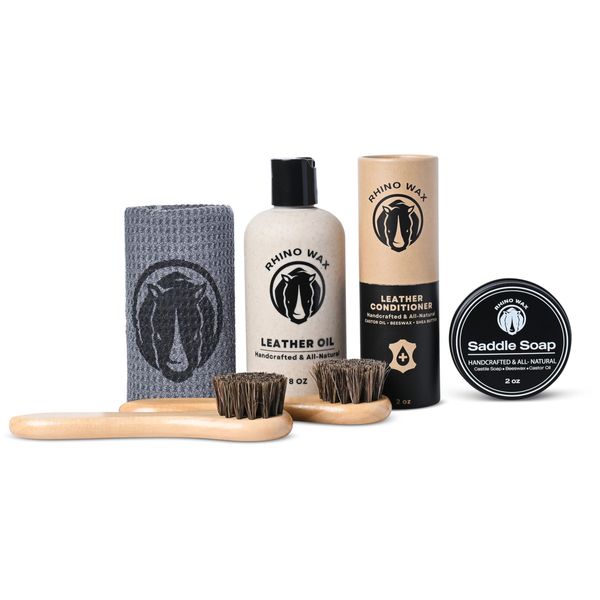 Rhino Wax - Tack Care Maintenance Kit (Saddle Soap for Leather + Leather Oil + Leather Conditioner + Brushes + Microfiber Cloth) - Maintenance for Saddles, Bridles, Boots, Reins & Straps - Made In USA