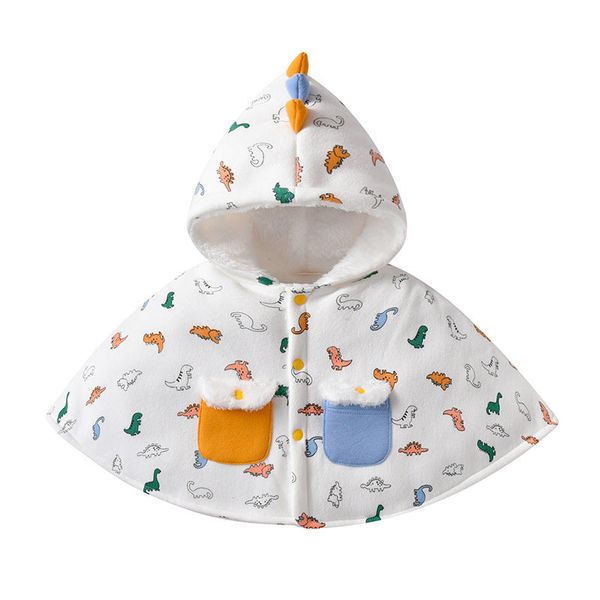 Kids Cartoon Dinosaur Print Button Front Design Shawls With Hat - 90 (12-24M) / White