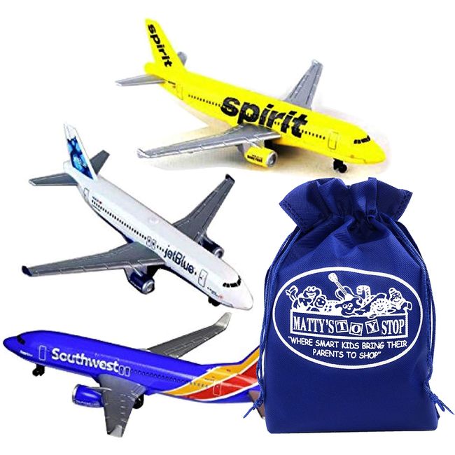 Daron Southwest, JetBlue & Spirit Airlines Die-cast Planes Gift Set Bundle with Bonus Matty's Toy Stop Storage Bag - 3 Pack