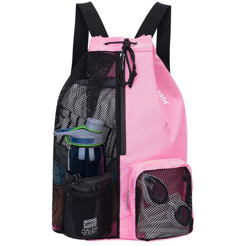 WANDF Swim Bag Mesh Drawstring Backpack with Wet Pocket for Swimming, Gym, and Workout Gear (Pink)