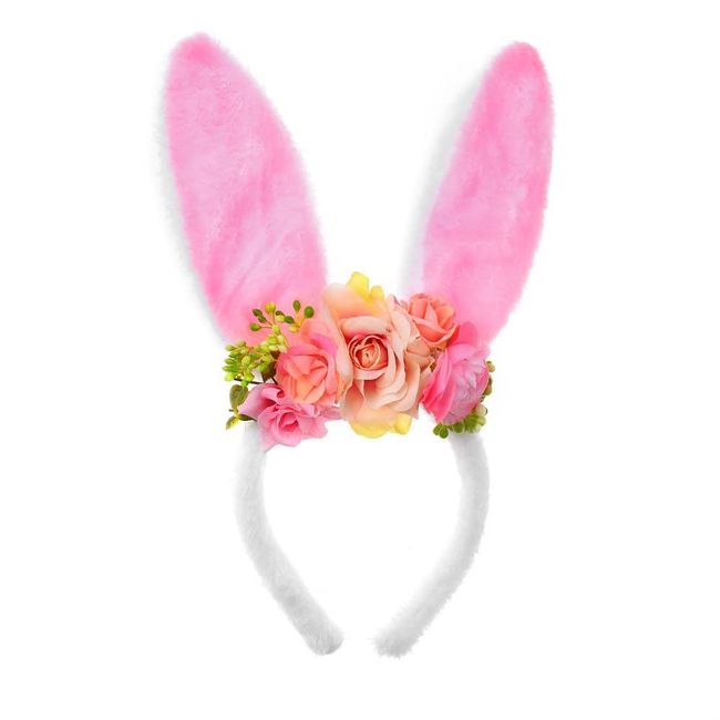 CheeseandU Easter Bunny Ears Headband Cute Bunny Ears Headband Spring Flower Crown Headband Fairy Headpiece for Easter Birthday Party Girls Cosplay Photography Prop, Pink, 4.7 x 11.8 inch