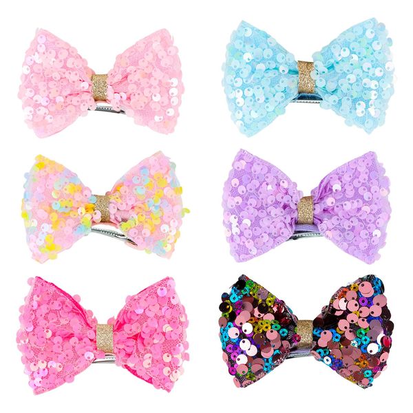 YISSION 6 Pcs Glitter Hair Bows Colorful Bow Hair Clips for Girls Cute Bow Hair Barrettes Toddler Girl Sparkly Sequin Hair Clips Kids Hair Accessories for Girls