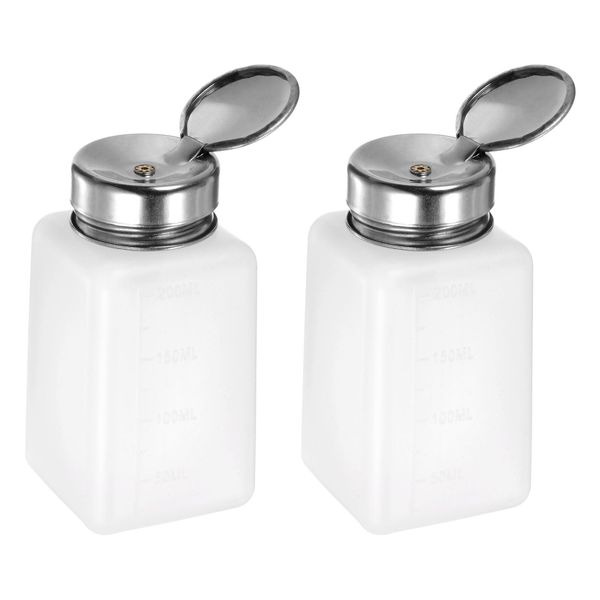 sourcing map 2pcs Solvent Alcohol Dispensers 200ml(6.8oz) Push Down Liquid Dispenser Pump Bottle with Sealing Stainless Steel Lid for Acetone Cleanser Polish Remover, White