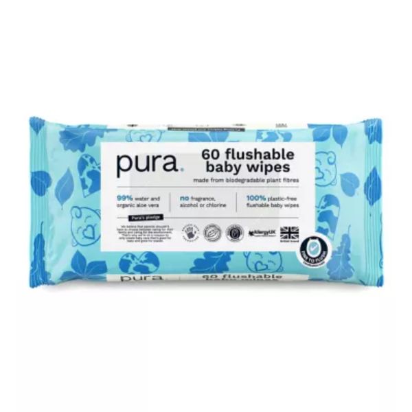 Pura Plastic Free Flushable Baby Wipes 60pk