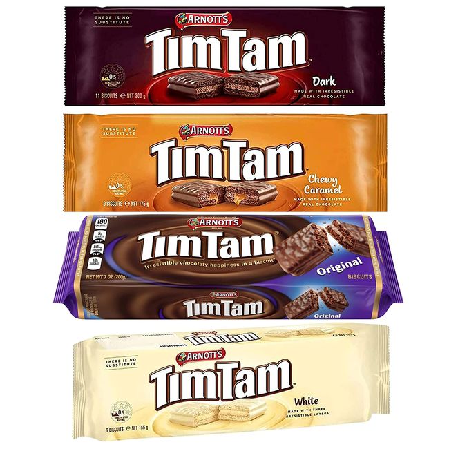Tim Tam Cookies Arnotts | Australian Classics Sampler (Original, Chewy Caramel, White, Dark) | 4 Pack Full Size