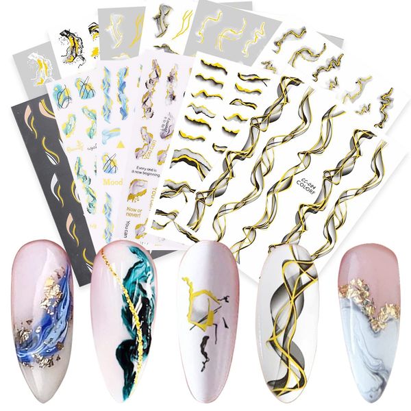 Zepitniy 12 Fogli Marmo Francese Adesivi Unghie Nail Art Sticker Unghie Autoadesivi Nail Art Stickers Linea Astratta Autoadesivi Nail Art Stickers per DIY Decorazione Unghie Nail Art