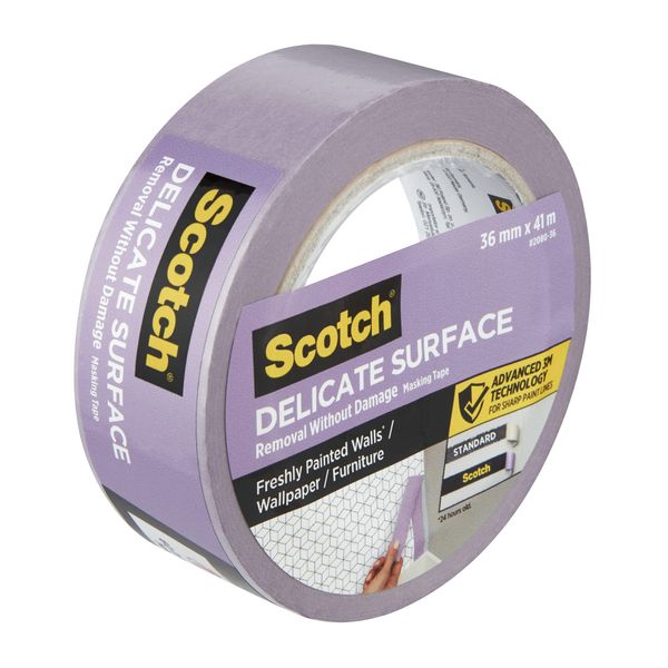 Scotch Delicate Surface Advanced Masking Tape, 36 mm x 41 m, Super-sharp Paint Lines, For Delicate Painting and Decorating Indoor, Painters Tape For Wallpaper and Furniture