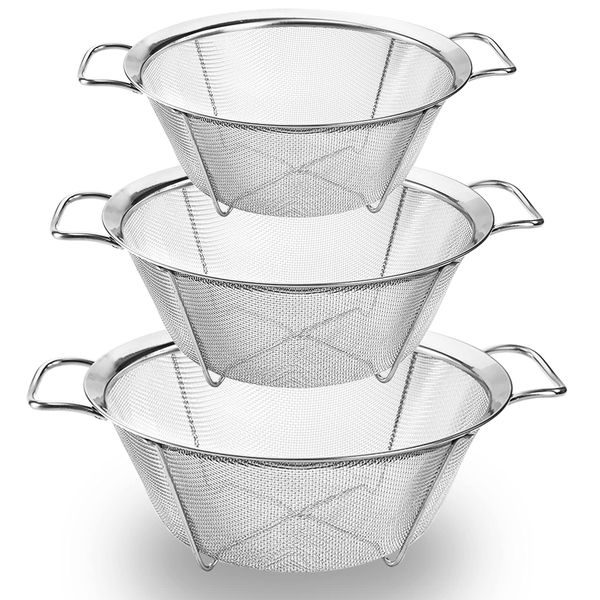 Dicunoy Set of 3 Strainers and Colanders, Stainless Steel Mesh Strainer Basket with Handle, Stackable Mesh Footed Colander for Rinse Food, Fruit, Vegetable, Strain, Drain (2.8/3.4/5.7L)