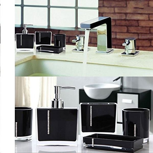 SHINE Luxury 4pcs sets Acrylic Bathroom Accessory Set Diamond Dolomite studded Decoration set (BLACK, Diamond)